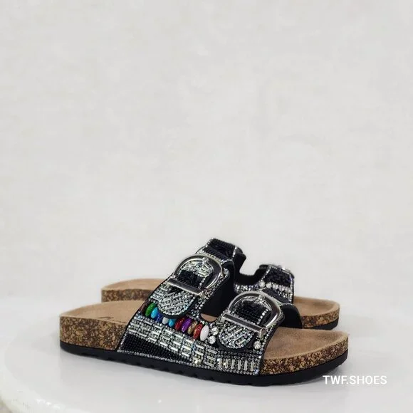 Zany Double Buckle Strap Rhinestone Beaded Slip on Mule Sandals - Picture 10 of 11